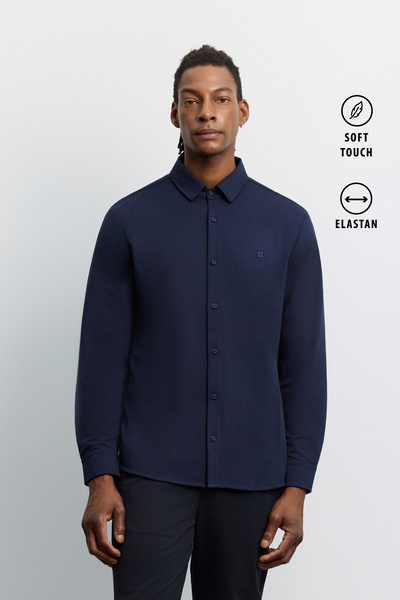 Avva Men's Navy Blue Soft Buttoned Classic Collar Regular Fit Long Sleeve Reg...