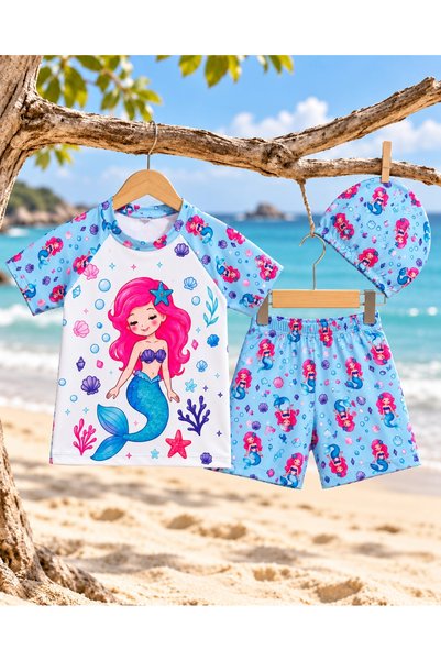 rony pony kids Kız Çocuk 3’lü Plaj Takımı Deniz Kızı Desenli Mayo Seti Bone Ş...