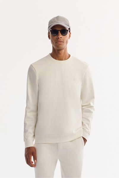 Avva Men's Ecru Crew Neck Cotton Bi-Stretch Regular Fit Sweatshirt A52Y1272