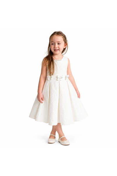 Cumino Girls' White Sleeveless Dress with Embossed Flowers and Butterflies