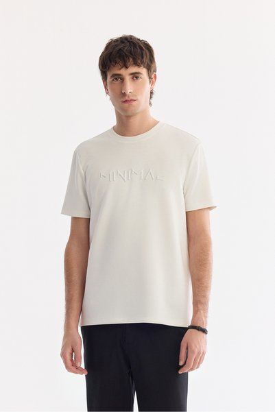 Avva Men's Ecru Crew Neck Printed Bi-Stretch Interlock Regular Fit T-Shirt A6...
