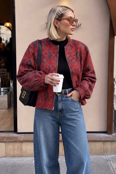 QUREKLİ Women's Red Ethnic Shawl Patterned Zippered Bomber Jacket