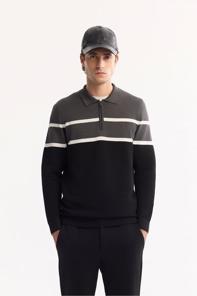 Avva Men's Anthracite Polo Neck Zippered Striped Knitwear Regular Fit Sweater...