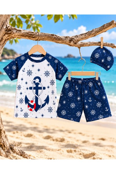 rony pony kids Boy's White Hat Swimsuit Set - 3 Pieces