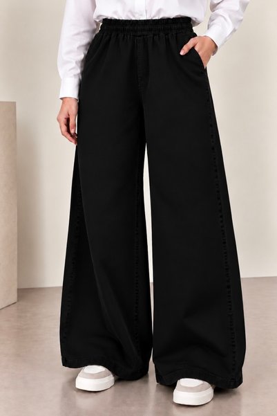 İmajButik Pantaloni negri din denim Palazzo cu talie elastică
