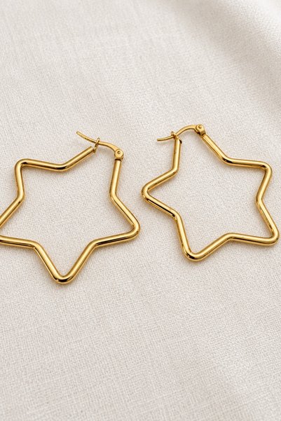 Kararmaz Yıldız Şeklinde Halka Küpe 316L Paslanmaz Çelik Gold 4 x 4 cm - Kadın
