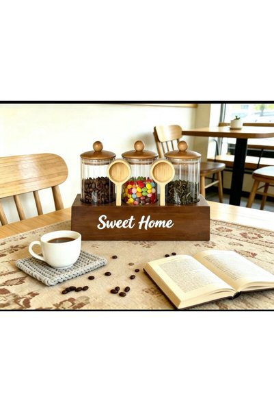 Sofia TRİO CAM SWEET HOME YAZILI KAVANOZ SETİ KAŞIKLI STANDLI 3'LÜ