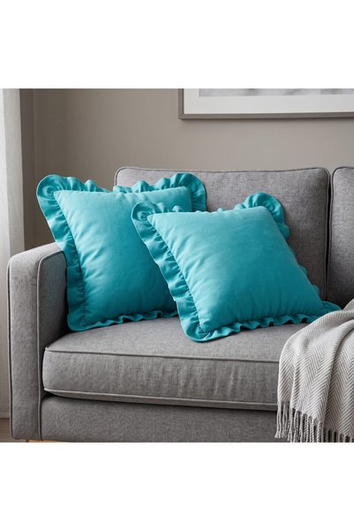Bc Home غطاء وسادة مربع الشكل بلون فيروزي مزخرف بتفاصيل مكشكشة، ناعم الملمس، ...