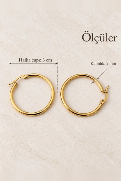 beus Klasik Halka Küpe 316L Paslanmaz Çelik Gold 3 cm - Kadın