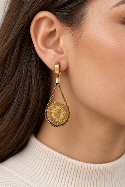 beus Kararmaz Çeyrek Figürlü Sallantılı Küpe 316L Paslanmaz Çelik Gold - Kadın