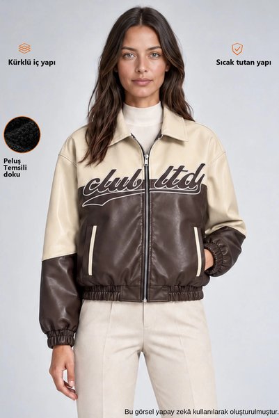 Freemen Women's Brown Double-Colored Oversize Faux Leather Jacket with Fur In...