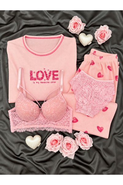Lena Homewears طقم بيجامة وافل فاخر من 4 قطع بنمط قلب الحب الوردي مع حمالة صد...