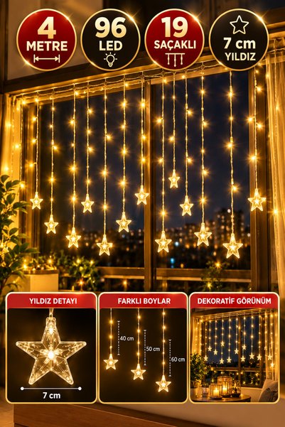 Hane Dostu 4 Metre 96 LED 19 Saçaklı Yıldız Perde Işık – 7 cm Yıldız Gün Işığ...