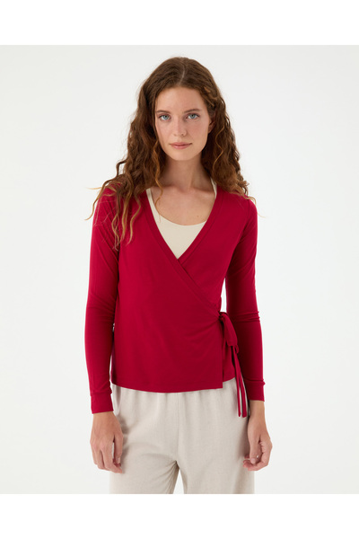 Ayma Active Cherry Red Ecovero ™ Viscose Long Sleeve V-Neck Wrap Tie Blouse