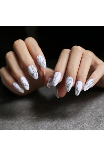 KESNUP Set de 24 unghii false autoadezive Almond Marble White-Grey