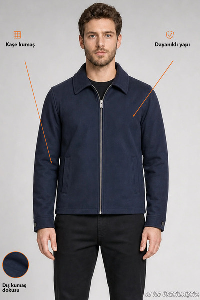 Freemen Men's Navy Blue Classic Collar Lined Cashmere Jacket