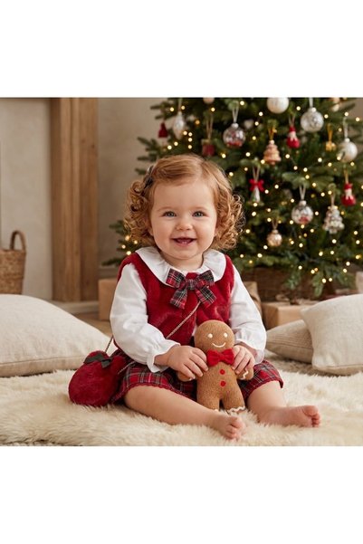 Cumino Pufellliababy Kız Bebek Peluş Yelekli 3lü Ekose Desen Takım