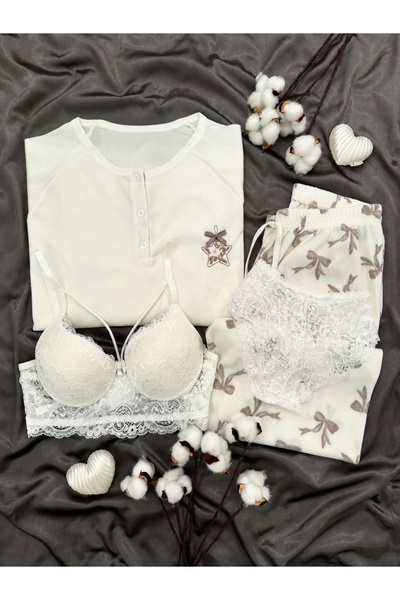 Lena Homewears طقم بيجامة وافل فاخر بأكمام طويلة وربطة عنق مزينة بشريط إكرو م...