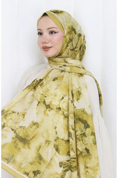 sefamerve Cotton Patterned Cocoon Shawl 70324-05 Mildew Green Saffron Color