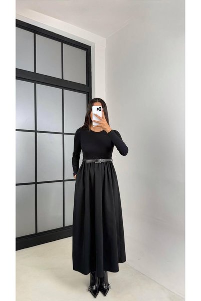 khar Kadın Bisiklet Yaka Uzun Kollu Kemerli İkili Renk Kombin Maxi Elbise