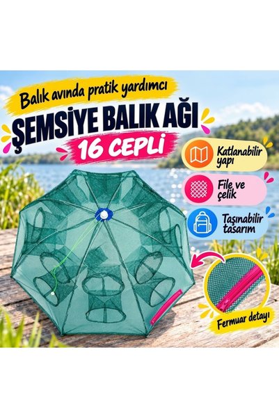 Cetiner Group Çetiner Group® Şemsiye Balık Ağı Yakalama Tutma Filesi 16 Cepli...