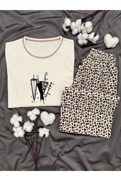 Lena Homewears طقم بيجامة وافل بأكمام طويلة ونقشة جلد الفهد