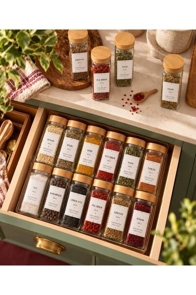 Durina Living 12-Piece Square Shaped Glass Spice Jar Set with Bamboo Lids and...