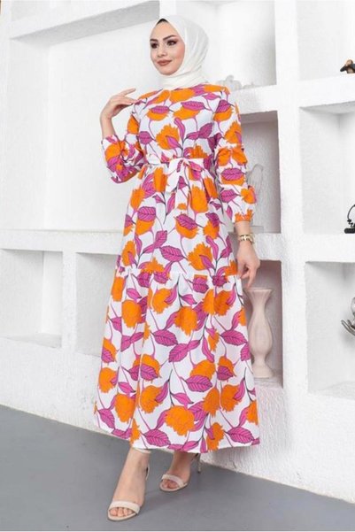 TRENDTESETTÜR KADIN TURUNCU (ORANJ) ÇİÇEK DESENLİ KUŞAKLI ELBİSE T 834