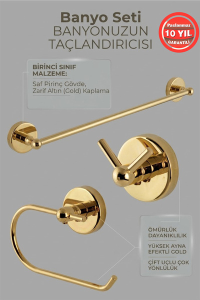 BanyomHome 3-Piece Stainless Brass Karac Gold Gold Color Bathroom Accessory S...