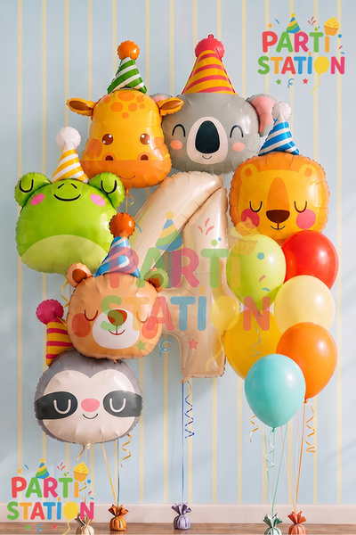 Parti Station Safari Animals Concept 4-Year-Old Cream Balloon Set 13-Piece An...