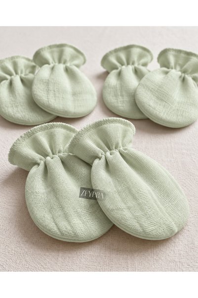 ZEYPBA 4 Layer Muslin Newborn Baby Gloves Suyeşil 3 Pairs 6 Pieces Ecru Cotton