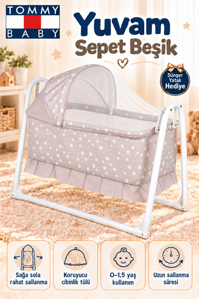 Tommybaby Yuvam Lüx Sepet Beşik Portatif Bebek Beşiği Sallanır Beşik