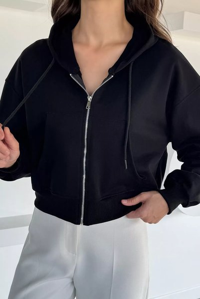 TOZLU Women's Front Zipper Hooded Double Pocket Sweatshirt