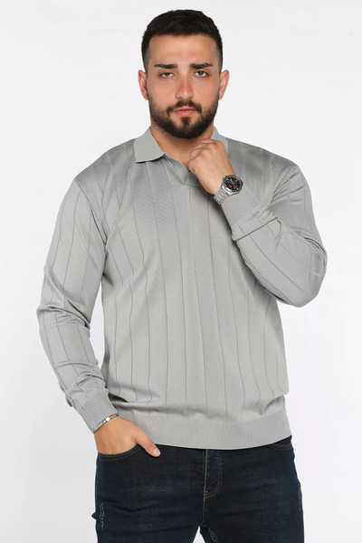 TOZLU Pulover tricotat pentru bărbați cu model în dungi și guler polo