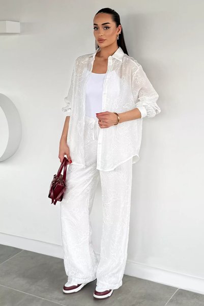 TOZLU Women's Elastic Waist Embossed Patterned Trousers