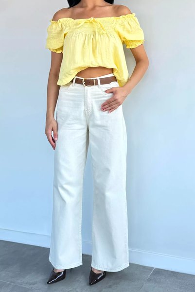 TOZLU Women's Leather Belted Palazzo Jean Denim Trousers