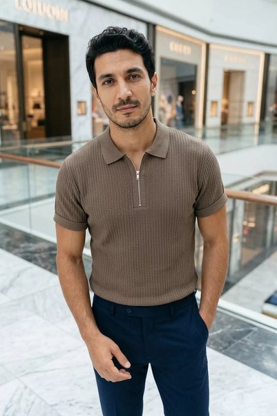 TOZLU Men's Polo Collar Half Zipper Patterned Knitwear T-Shirt