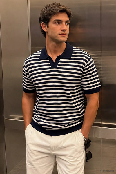 TOZLU Tricou tricotat ajurat cu model în dungi, cu guler polo, pentru bărbați