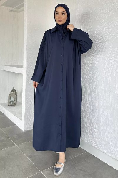 TOZLU Puane Sleeveless Guipure Detailed Full Buttoned Waist Tie Muslim Dress