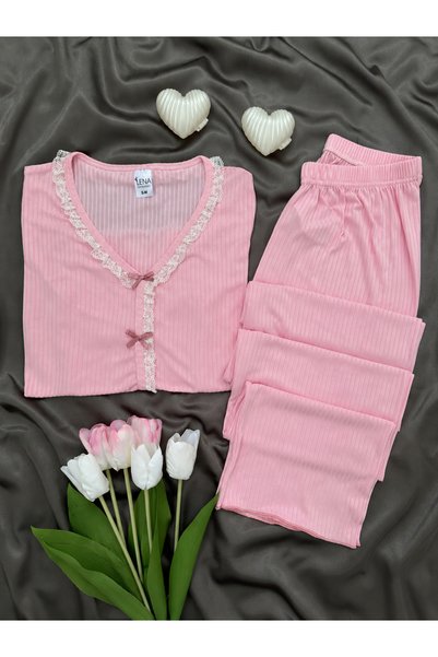 Lena Homewears Ροζ Δαντελένιο Σετ Πιτζάμες Βερολίνου με Λεπτομέρειες και Μακρ...