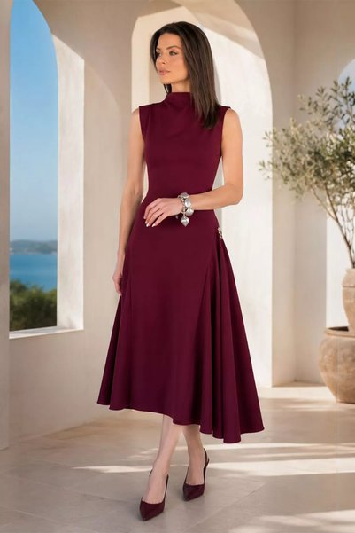 TOZLU Women's Gold Buckle Zipper Detailed Dress