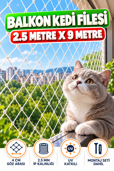 KONAK FİLE 2.5 METRE x 9 METRE Balkon Kedi Koruma Önleme Engelleme Filesi Güvenlik Güvenliği Koruması Ağı