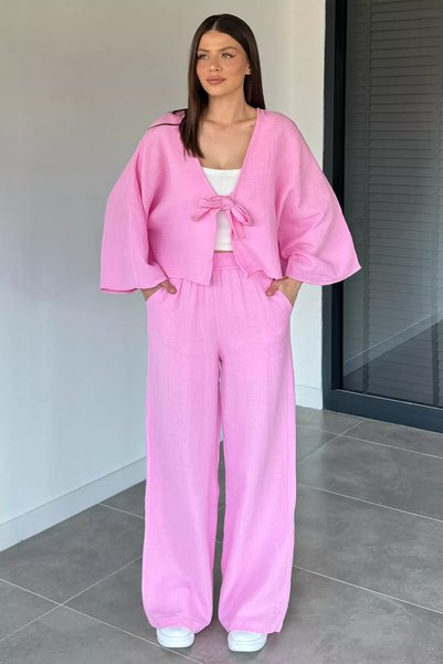 TOZLU Women's Front Tie Short Kimono Elastic Waist Pants Double Set