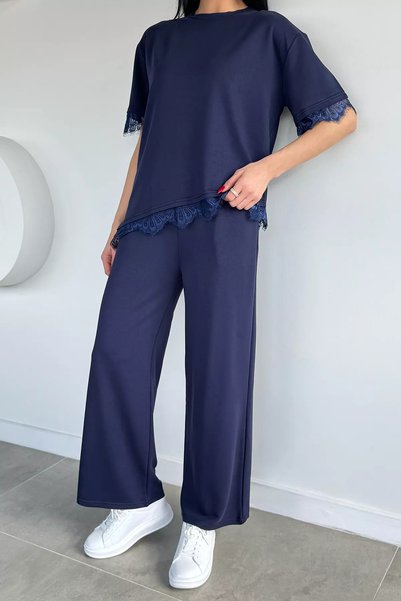 TOZLU Gülseli Women's Elastic Waist Pants Lace Detailed T-Shirt Double Set