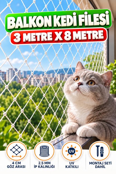 KONAK FİLE 3 METRE x 8 METRE Balkon Kedi Koruma Önleme Engelleme Filesi Güvenlik Güvenliği Koruması Ağı