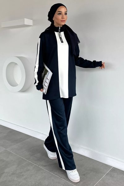 TOZLU Hijab Half-Zipper Color-Decorated Tunic and Pants Double Set