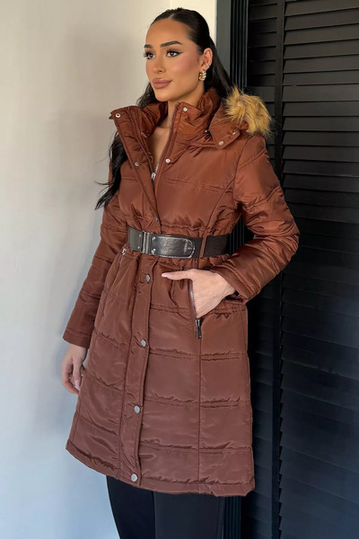 TOZLU Women's Hooded Fur Belted Inflatable Coat