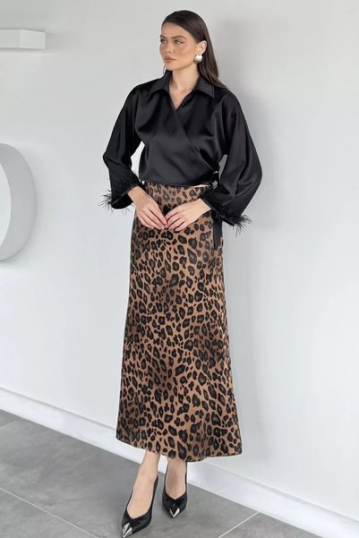 TOZLU Ženska satenska suknja sa leopard uzorkom