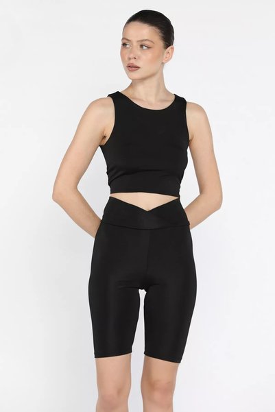 TOZLU Women's High Waist Short Leggings with Cross Belt Detail