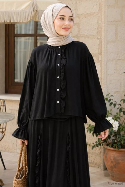 TOZLU طقم من قطعتين: قميص مكشكش من Gülseli وتنورة بخصر مطاطي للحجاب